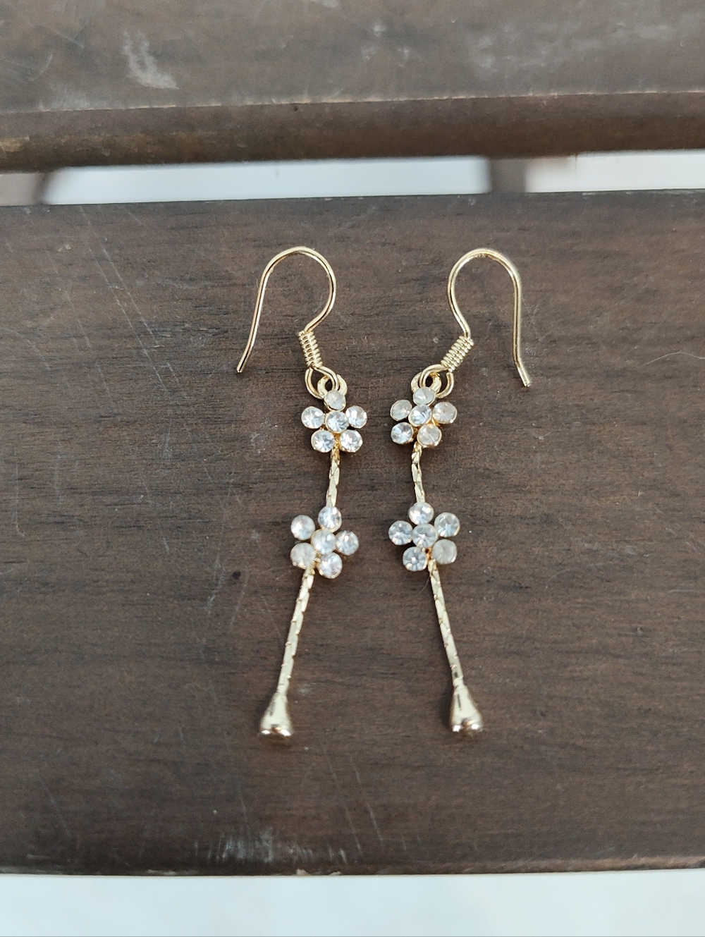 Gold Floral Drop Earrings with Clear Crystal Flower Accents